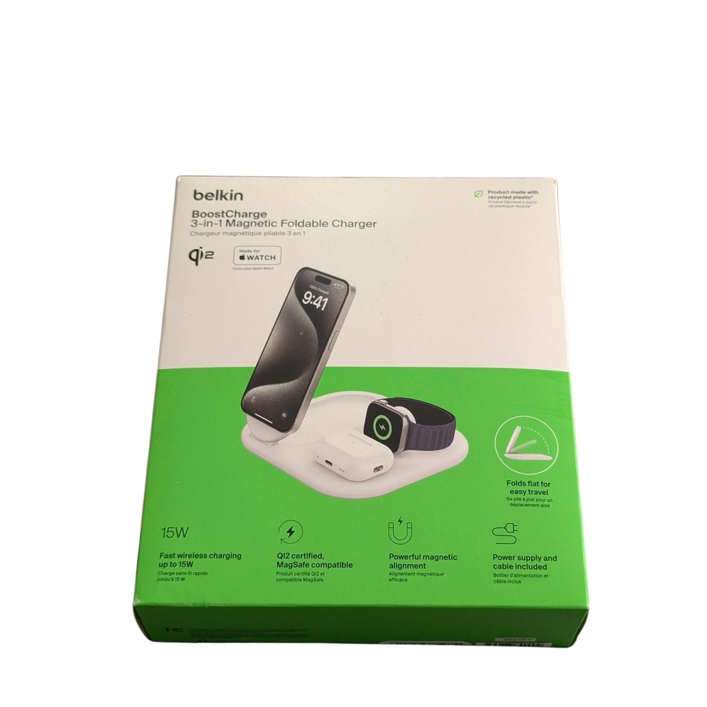 BbO Belkin‎ - 3-in-1 15W, Foldable Magnetic Qi2 Charging Station In White